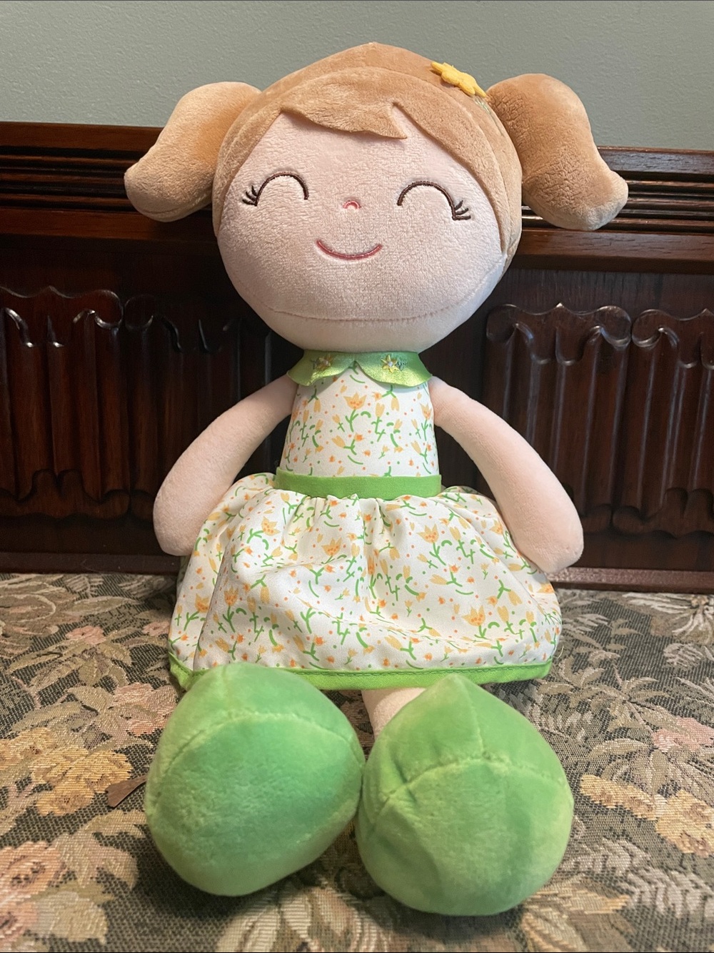 Gloveleya Baby Girl Plush Soft Doll Green Flower Fairy Dress 16''